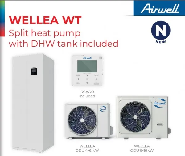 Сплит-тепловой насос с баком для ГВС включен Airwell Wellea